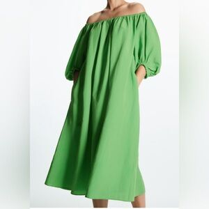 COS LINEN-BLEND PUFF-SLEEVE DRESS Green Size 2